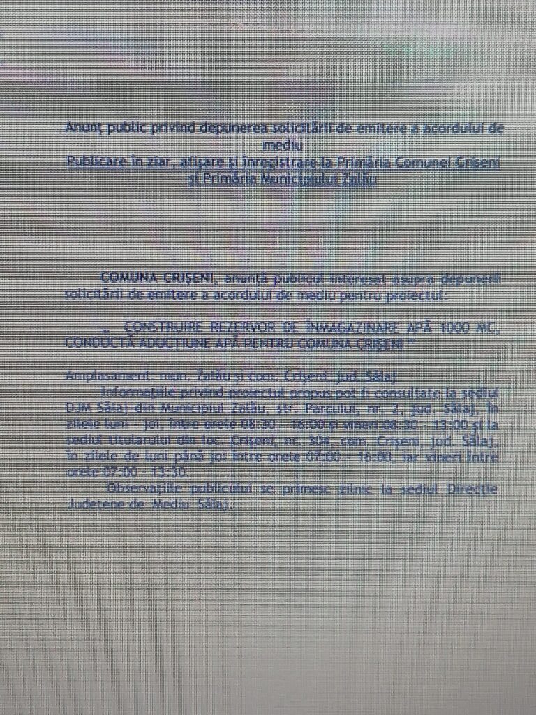 Comuna Crișeni -Anunț public privind depunerea solicitării de emitere a acordului de mediu